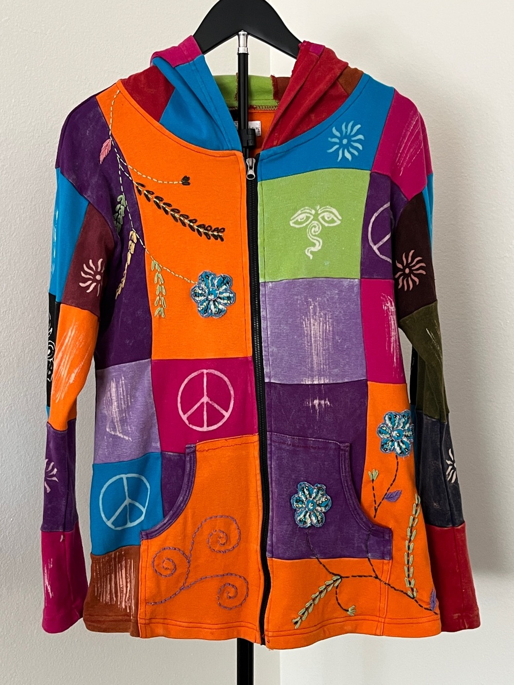 ♡ The Collection Royal Patchwork Zip Hoodie Boho Floral Peace Signs | Large